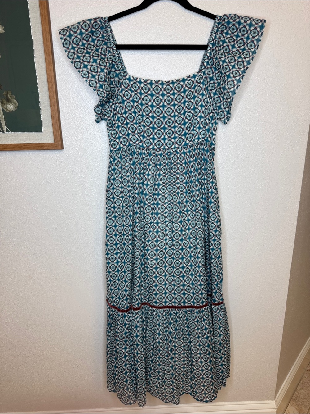 Olivia James The Label Brooke Dress Small Blue Geometric Flutter Sleeve Midi